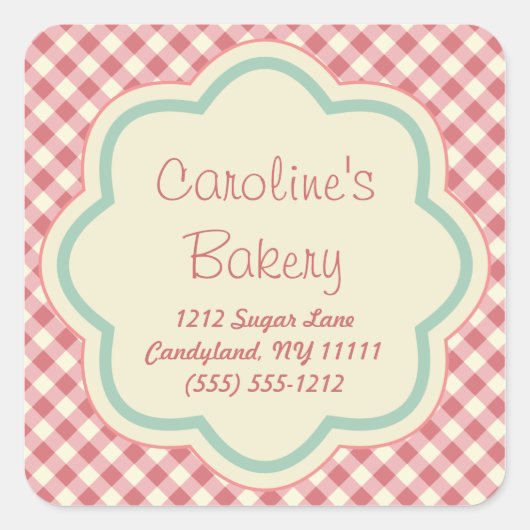 Backen-und Bäckerei-Butike-Aufkleber, rosa Gingham Quadratischer Aufkleber (Vorderseite)