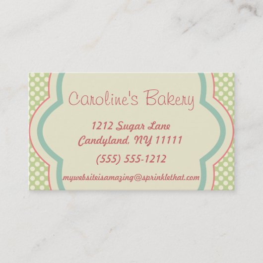 Backen und Bäckerei-Butike, grüner Polka-Punkt Visitenkarte (Vorderseite)
