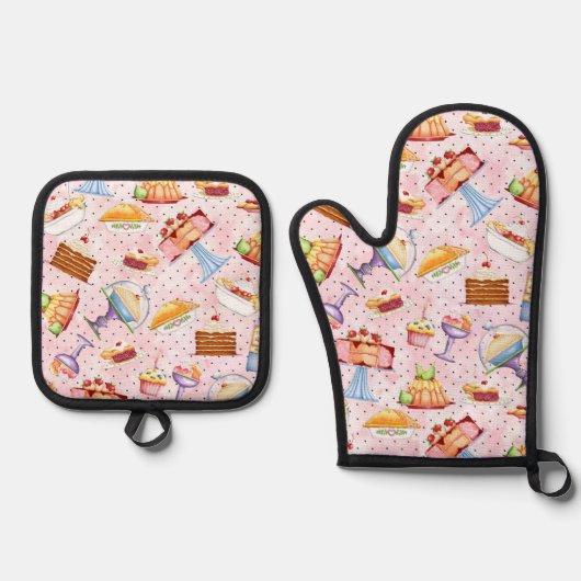 Backend Süßigkeiten Rosa Polka Dot Hintergrund Ofenhandschuh & Topflappen-Set (Vorderseite)