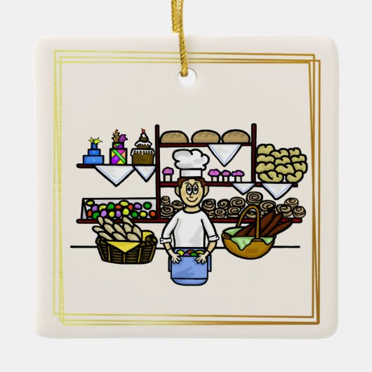 Bäcker in seiner Bäckerei Weihnachtsdekoration Keramikornament (Vorderseite)