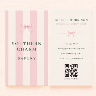 Bäckerei-Bäcker-Rosa-Grün-gestreifter-Bogen-QR-Cod Visitenkarte