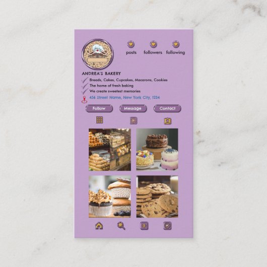 Bäckerei Beruflich Modernes Lila Instagramm Visitenkarte (Vorderseite)