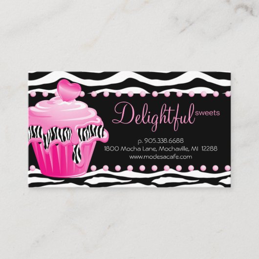 Bäckerei Business Card Zebra Pink Cupcake Herzstüc Visitenkarte (Vorderseite)