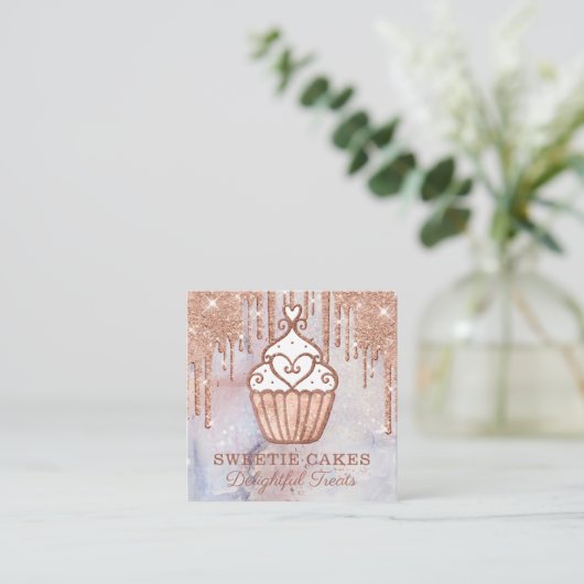 Bäckerei Cupcake Glitzer Rose Gold Pink Tropfen Quadratische Visitenkarte (Stehend Vorderseite)