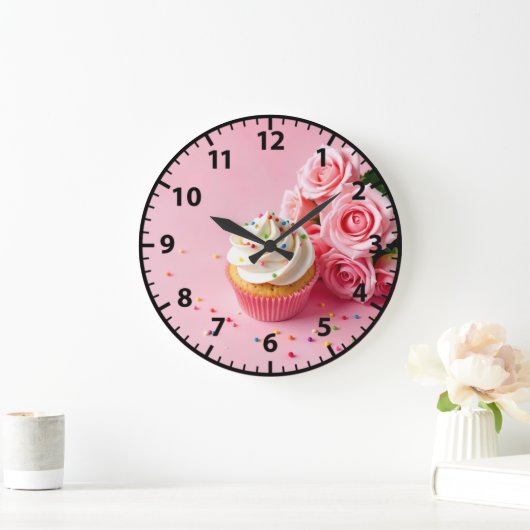 Bäckerei Cupcake Pink Roses Backwaren Feinschmecke Große Wanduhr (Zuhause)