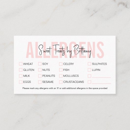 Bäckerei Feminine Blush Pink Food Allergie Checkli Visitenkarte (Vorderseite)