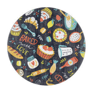 Bäckerei im Retro-Stil, Dots, Blumenelemente. Schneidebrett