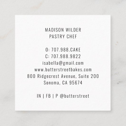 Bäckerei Konditorei Koch Aquarell Blumenkuchen Sq Quadratische Visitenkarte (Rückseite)