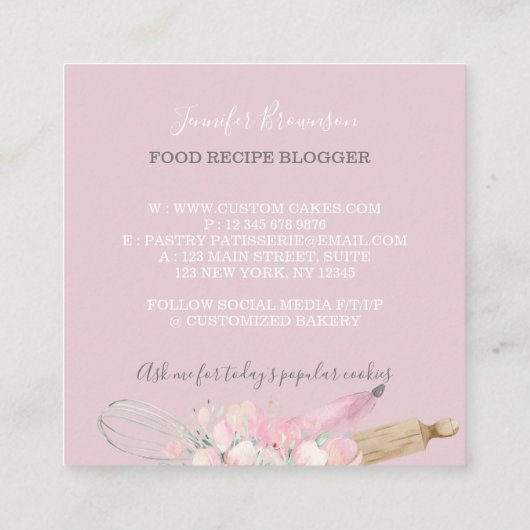 Bäckerei Konditorei Koch Boho rosa Blumengebäck Quadratische Visitenkarte (Rückseite)