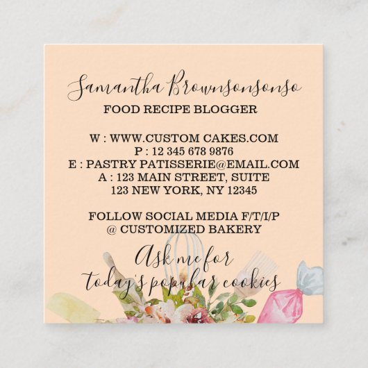 Bäckerei Konditorei Koch Küche Geschirr Geschirr B Quadratische Visitenkarte (Rückseite)