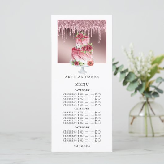 Bäckerei Konditorei Koch Kuchen Rose Gold Glitzer  Menükarte (Stehend Vorderseite)