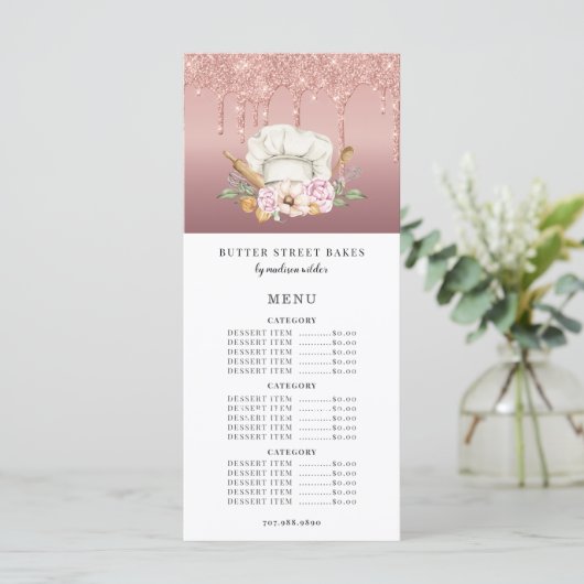 Bäckerei Konditorei Koch Rose Gold Glitzer Tropfen Menükarte (Stehend Vorderseite)