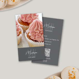 Bäckerei Monogramm Logo Cupcake Foto QR Grau Visitenkarte
