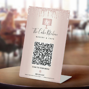 Bäckerei QR-Code Scan Menü Roségold Kuchen Glitter Sockelschild