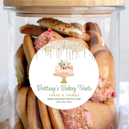 Bäckerei Rosa Kuchen Gold Glitzer Tropfen Nachtisc Runder Aufkleber