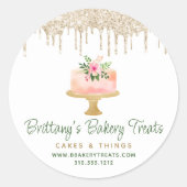 Bäckerei Rosa Kuchen Gold Glitzer Tropfen Nachtisc Runder Aufkleber (Vorderseite)