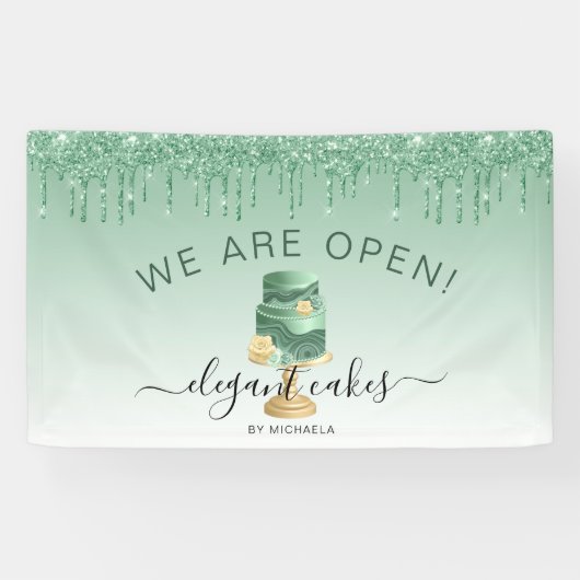 Bäckerei Wir sind Open Glitzer Tropfen Green Cake Banner (Horizontal)
