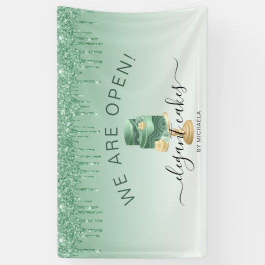 Bäckerei Wir sind Open Glitzer Tropfen Green Cake Banner (Vertikal)