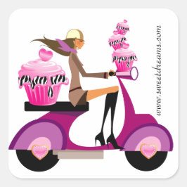Bäckereiaufkleber Pink Cupcake Scooter Girl Zebra Quadratischer Aufkleber