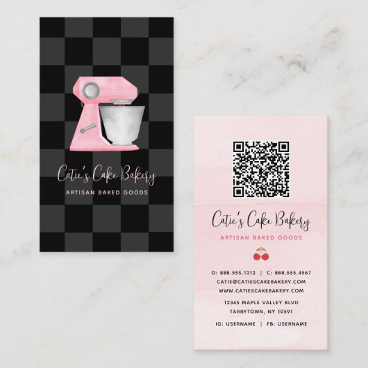 Bäckereimischer Rosé Schwarz Kariert QR-Code Visitenkarte (Vorne/Hinten)