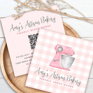 Bäckereimixer QR-Code Blush Rosa Gingham-Muster Quadratische Visitenkarte