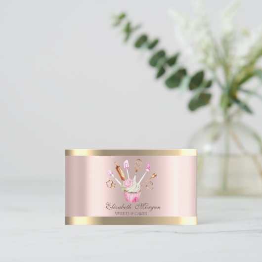 Bäckereiwerkzeuge Blume Cupcake Strip Rose Gold Visitenkarte (Stehend Vorderseite)