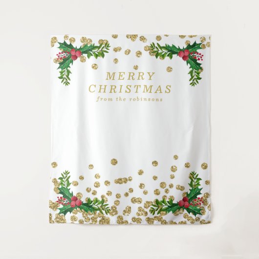 Background Gold Red Merry Christmas Holly Glitzer Wandteppich (Vorderseite)