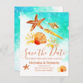 Background tropical beach watercolor save the date ankündigungspostkarte (Vorne/Hinten)