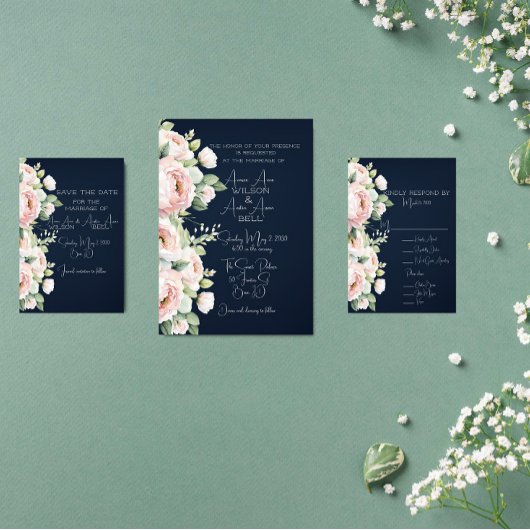 Background Wedding Pink Peonies Navy Einladung