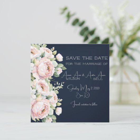 Background Wedding Pink Peonies Navy Save The Date (Stehend Vorderseite)