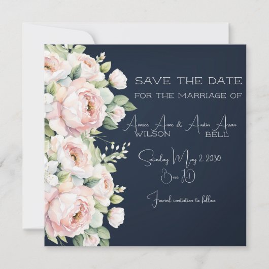 Background Wedding Pink Peonies Navy Save The Date (Vorderseite)