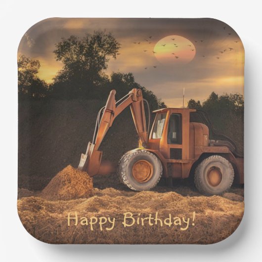 Backhoe Happy Birthday Pappteller (Vorderseite)