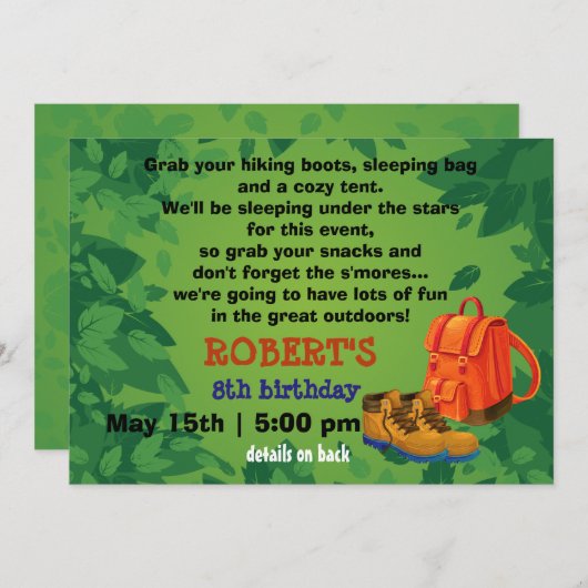 BackPack & Boots Camping Party Geburtstagseinladun Einladung (Vorne/Hinten)