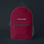 Backpack für Burgund-Individuelle Name Bedruckter Rucksack<br><div class="desc">Dieses coole Rucksack passt sich einfach an und fügt Ihren Namen oder Ihren eigenen Text hinzu. Ein cooles und modernes Design im dunkelburgundischen Kirschwein Marsala Rot und Weiß mit klarem Sans Serif Schriftart, für einen modernen, beruflichen und edgy Look, perfekt als Sondergeschenk für Unis Schüler, High School, Kinder. Der Rucksack...</div>