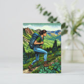 Backpacker Girl Wandern auf dem Weg Postkarte (Stehend Vorderseite)