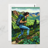 Backpacker Girl Wandern auf dem Weg Postkarte (Vorne/Hinten)