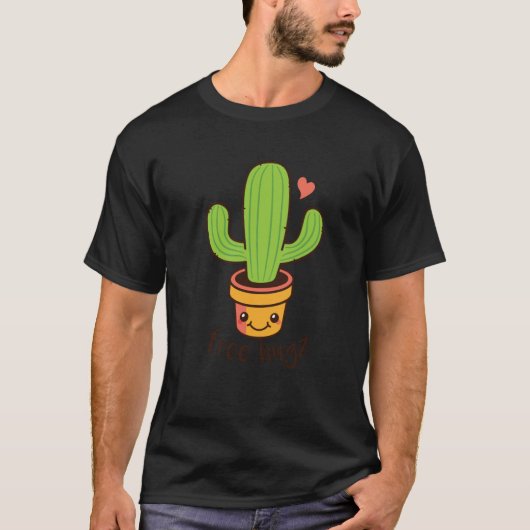 Backprint Free Hugs Cactus and Potted Plants T-Shirt (Vorderseite)