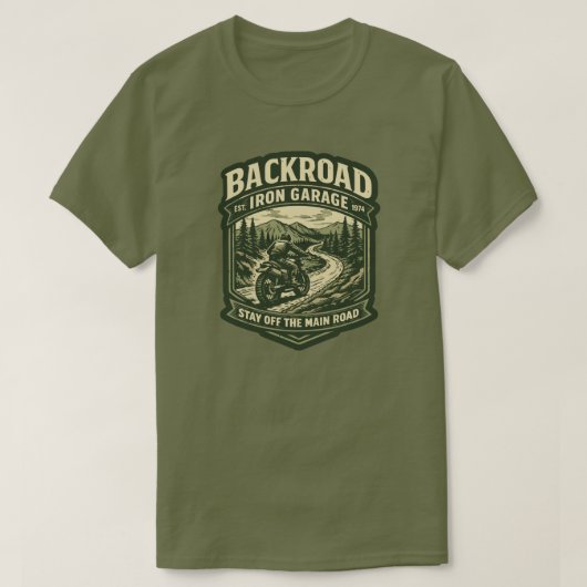 Backroad Iron Garage T-Shirt Scrambler Motorrad (Design vorne)