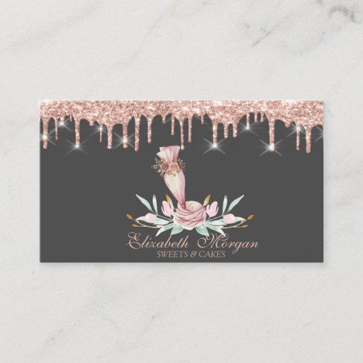 Backtools Blume Rose Gold Tropfen Bäckerei Grau Visitenkarte (Vorderseite)