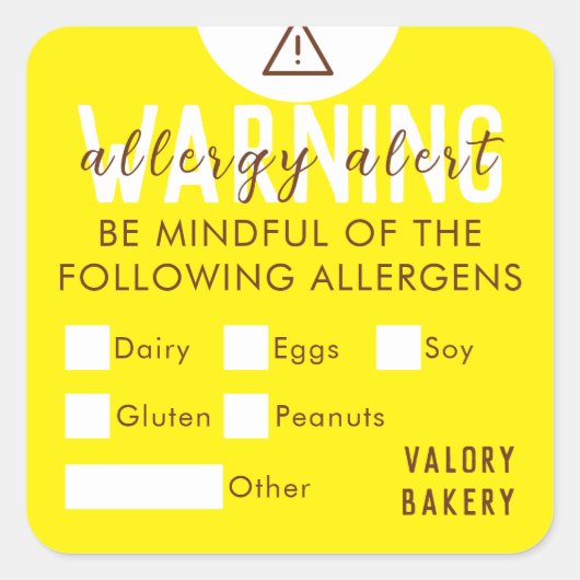 Backwaren Lebensmittelallergie Warnhinweis Gelb Quadratischer Aufkleber (Vorderseite)