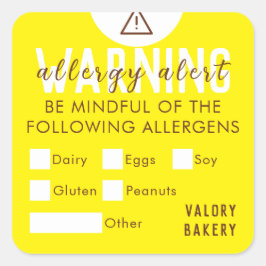 Backwaren Lebensmittelallergie Warnhinweis Gelb Quadratischer Aufkleber