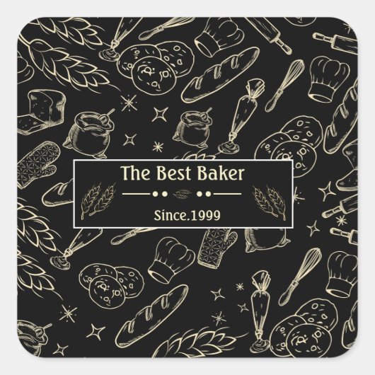 Backwerkzeug und Schwarz-weißes Küchenbäcker Quadratischer Aufkleber (Vorderseite)