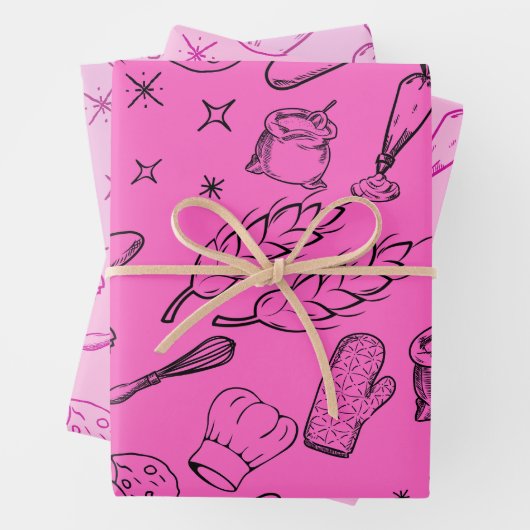 Backwerkzeuge und moderne rosa Bäckerei Geschenkpapier Set (Beispiel)
