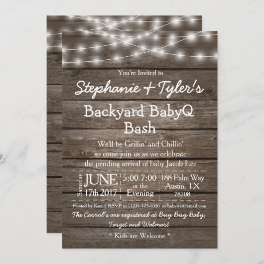 Backyard BabyQ Bash Lights Wood Rustic Baby Dusche Einladung (Vorne/Hinten)