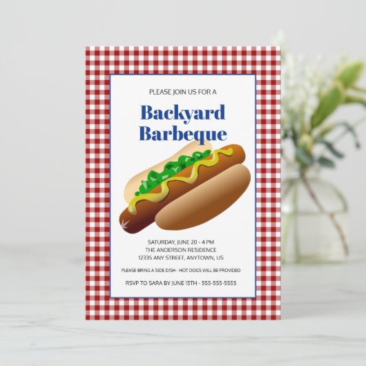 Backyard Barbeque Hot Dogs | Rot überprüft Einladung (Stehend Vorderseite)