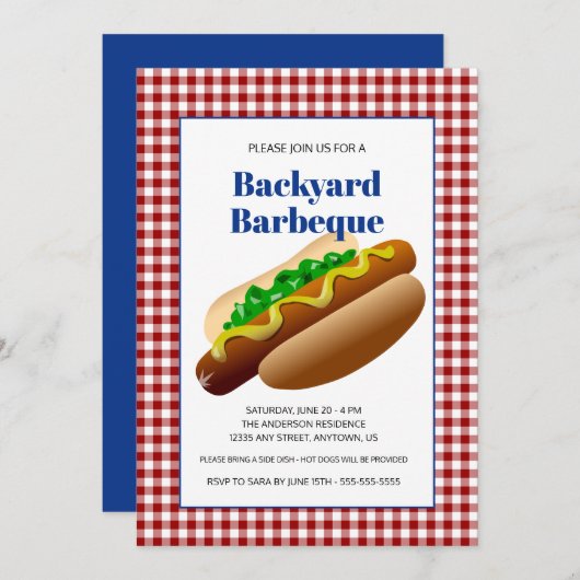 Backyard Barbeque Hot Dogs | Rot überprüft Einladung (Vorne/Hinten)