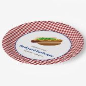Backyard Barbeque Hot Dogs | Rot überprüft Pappteller (Schrägansicht)