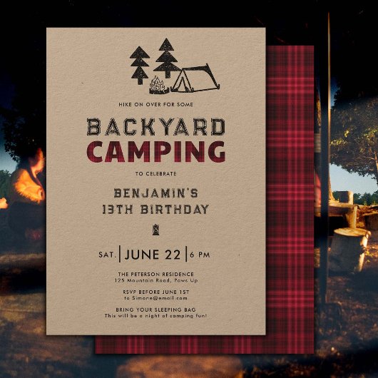 Backyard Camping Outdoor Red Kariert Boys Geburtst Einladung