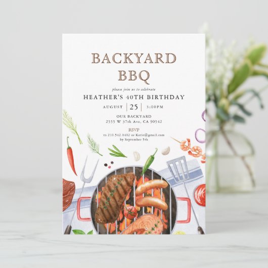 Backyard GRILLEN Barbecue Birthday Party Einladung (Stehend Vorderseite)