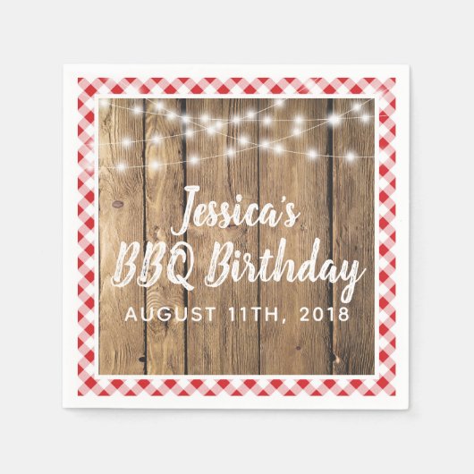 Backyard GRILLEN Birthday Party Gingham Wood Rusti Serviette (Vorderseite)